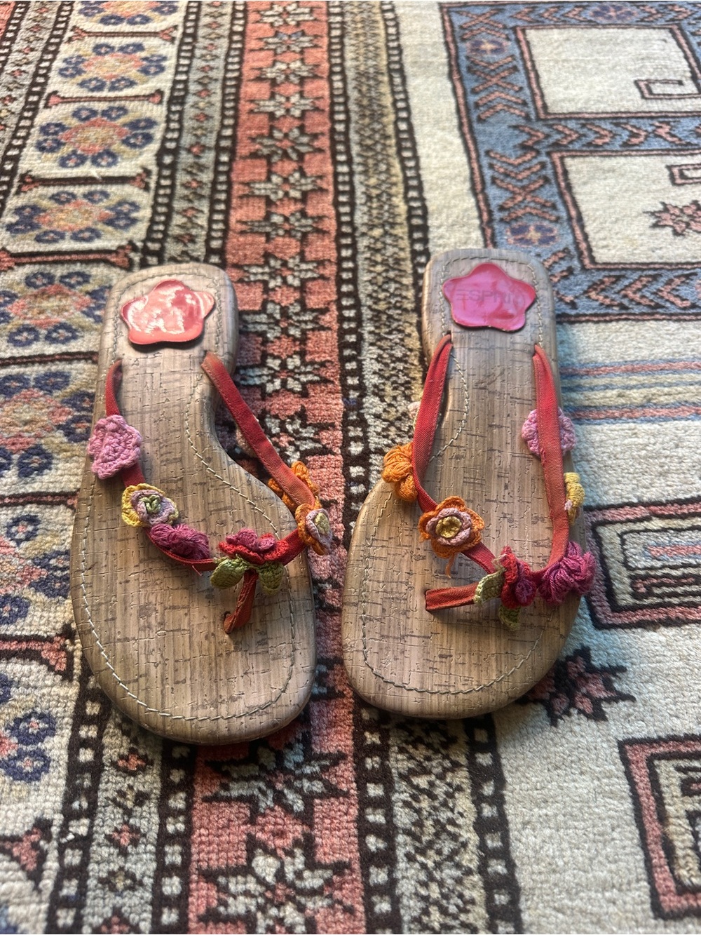 Vintage Espirit Women's Floral Crochet Thong Sandals in Coral & Pink